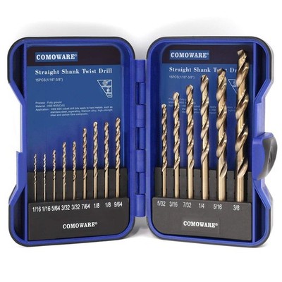 COMOWARE 15Pcs Drill Bit Set (1/16''-3/8''), M35 HSS Twist Drill Bits, Jobber Leng