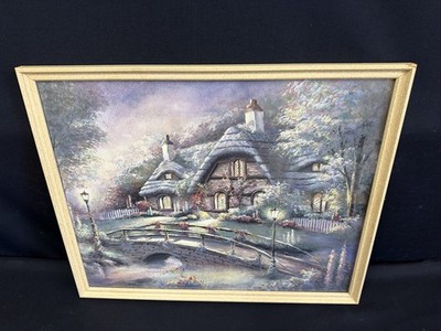 Framed Cottage Landscape Art Print Bridge Garden Home Decor 21X17