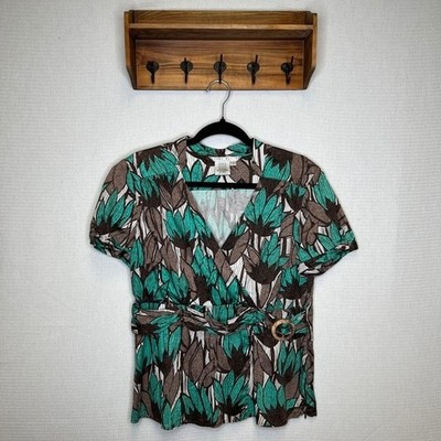 Fred David Floral Print Top Brown Green V-Neck Short Sleeve Blouse Womens VTG