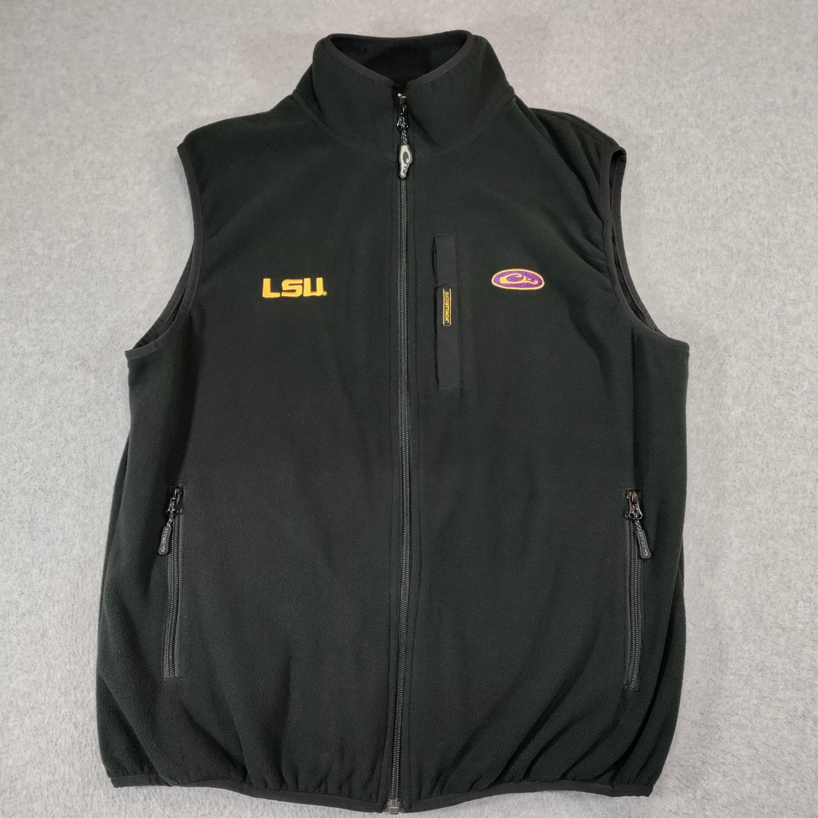 LSU Tigers DRAKE MAGNATTACH Lightweight Fleece Mens XL Hunting Vest Louisiana
