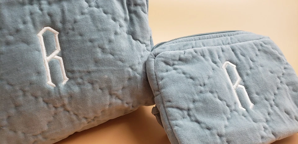 Pottery Barn бриллиант выстеганный бархат косметичка "R" пыльный синий макияж набор из 2 - Изображение 2 из 4