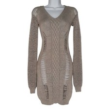 $160 BDB DAVID BITTON Vesta Distressed Knit Sweater Grey Tan Long Sleeve Dress S