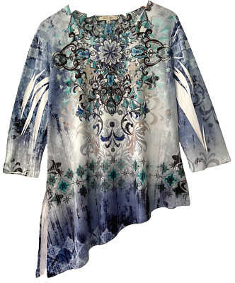 Jess & Jane   size M slinky knit asymmetric hem jeweled top 3/4 sleeves blue