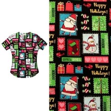 CHRISTMAS PATCH Scrub Top Womens S  Black Santa Snowman Greetings Present Tree