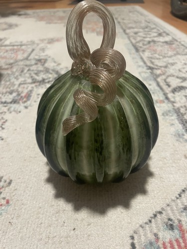Hand Blown Green Jewel Tone Glass Pumpkin with Iridescent Gold Stem Decoration - Picture 2 of 4