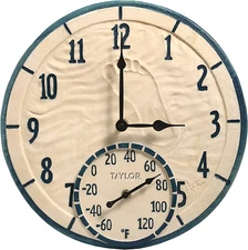 Taylor by the Sea Poly Resin Indoor and Outdoor Clock and Thermometer, 14 Inches