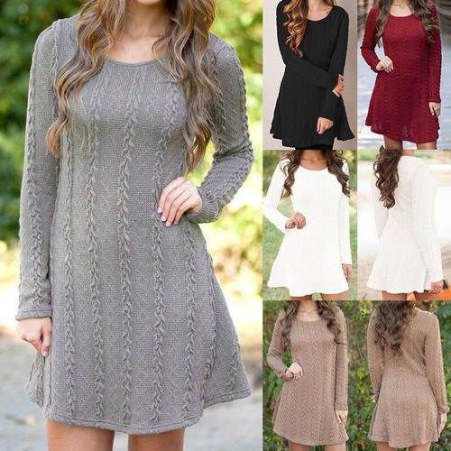 Stylish Women's Knitted Sweater Jumper Mini Dress For Cozy Winter And Autumn - Picture 4 of 12