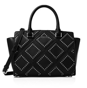 Michael Kors Diamond Grommet Selma Leather Medium Top Zip Satchel Black Silver Ebay