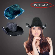 LED Cowboy/Cowgirl Hat Light Up Flashing Sequin Black & Teal  - Pack of 2 Hats