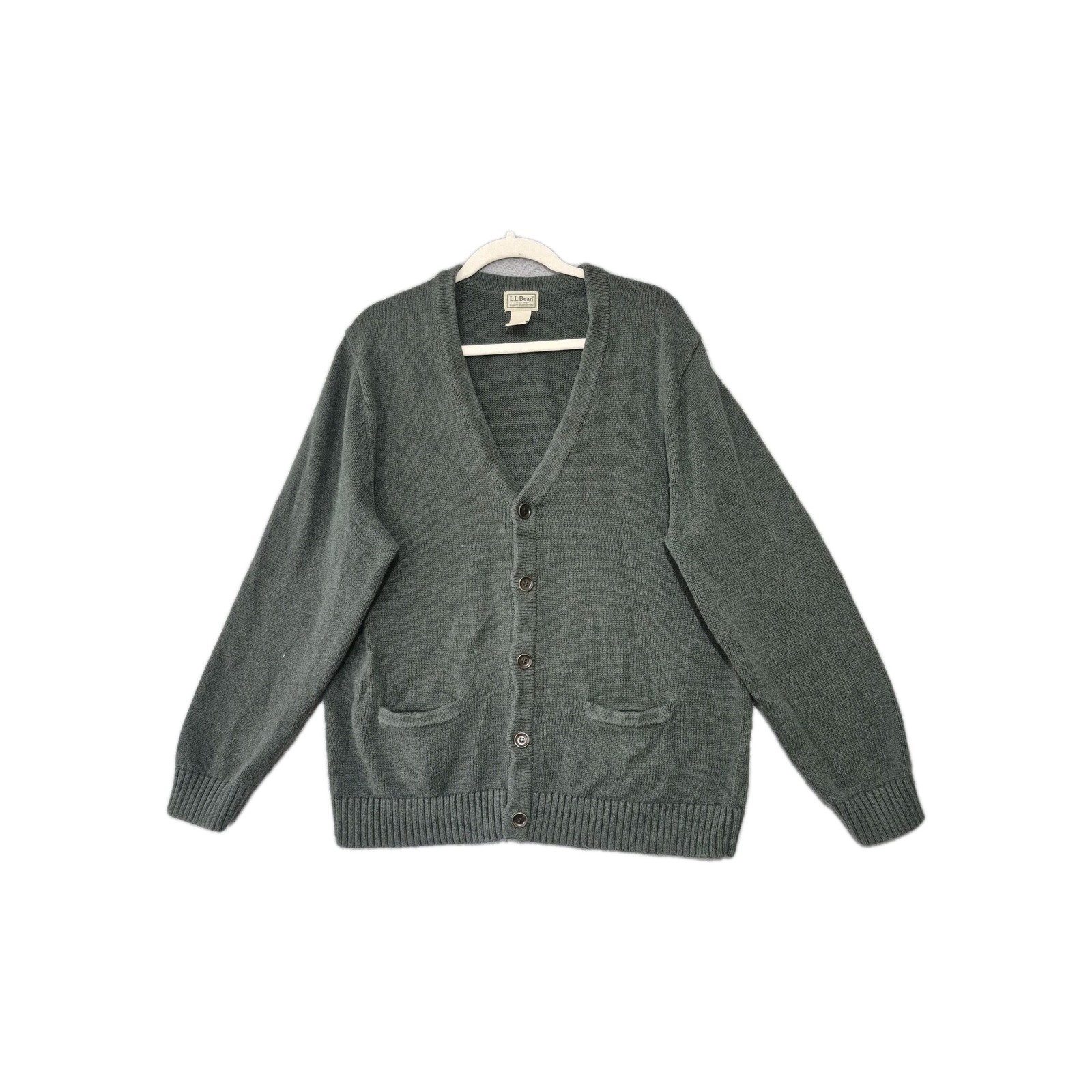 Vintage LL Bean Women's Cotton V Neck Button Up Green Long Sleeve Cardigan Large