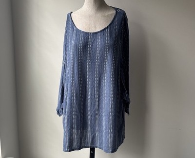 W5 Anthropologie Top Womens Size 2X Blue White Dot Stripe Ruffle 3/4 Sleeve Boho