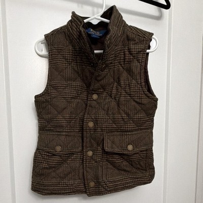 Ralph Lauren Boys Kids Brown Plaid Quilted Button Front Vest w/ Pockets Size 5 T