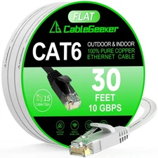 Cat 6 Ethernet Cable 30ft 10Gbps Flat LAN for Router, Modem, PS4/5, White