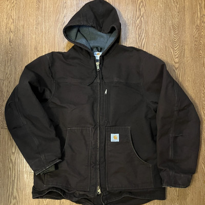 Vintage Carhartt C68 DKB Hooded Ridge Coat Mens Large Brown Fleece Lined Jacket