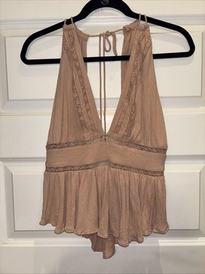 Free People halter top Hold On Tight peach lace boho Backless festival tiered
