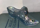 Fenton Hand-Painted Blue Iridescent Art Glass Floral Design Shoes/Slipper Signed