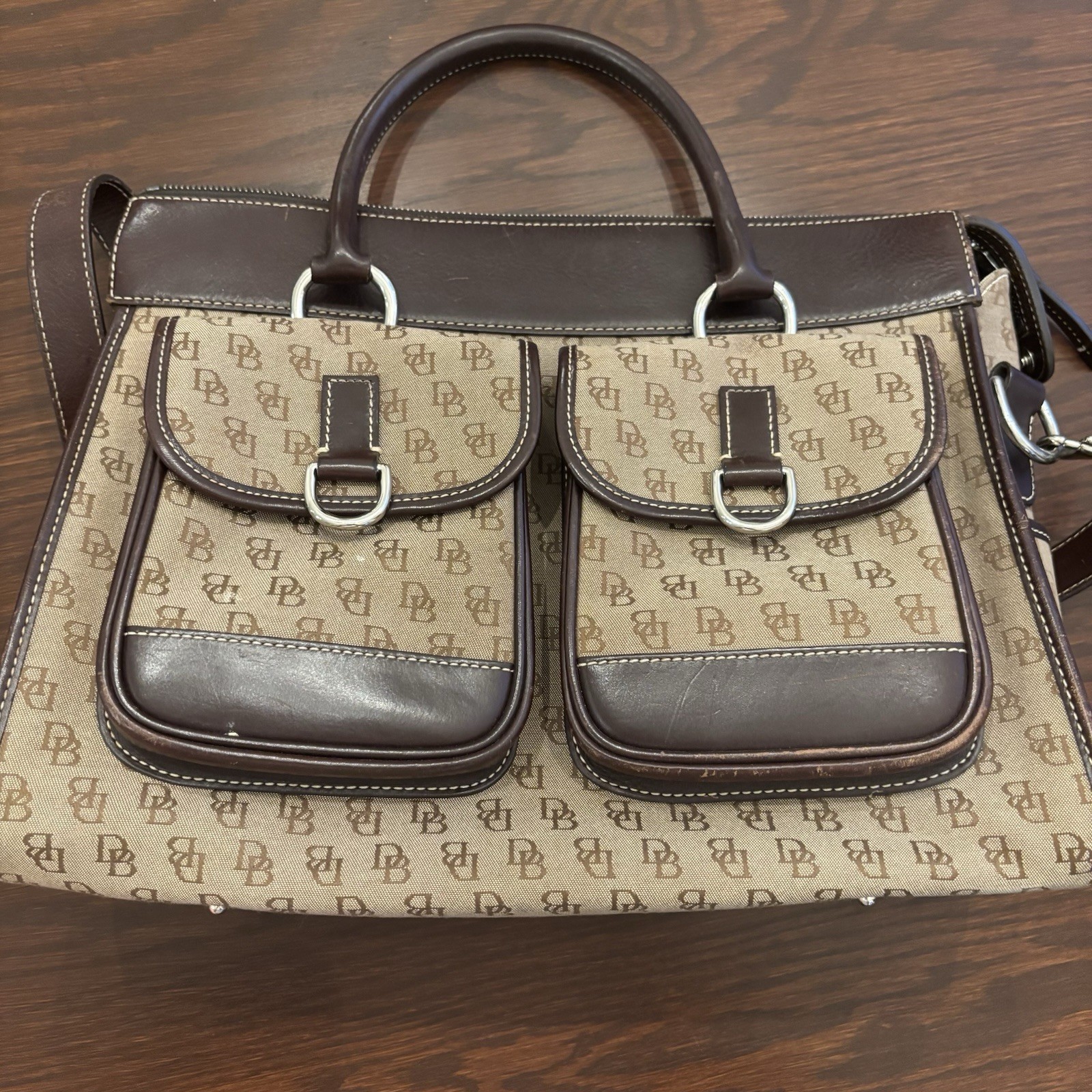 Dooney and Bourke Signature Tan Brown Double Pocket Tote bag purse