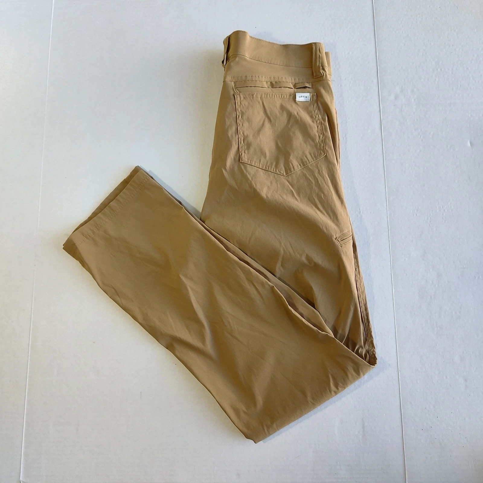 Orvis Tech 5 Pocket Pants Mens 32x34 Tan Chino Hiking Travel Performance Outdoor
