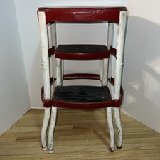 VTG Cosco Red Chippy Step Stool Farmhouse Rustic Kitchen Ladder Stool Cottage
