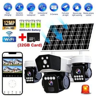 2 Lens 12MP Solar Battery Home Security Camera Outdoor Wifi Wireless PTZ CCTV US