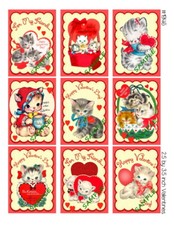  9 Vintage Valentine's Day Kitty Collage Glossy Stickers Scrapbook Labels 58S