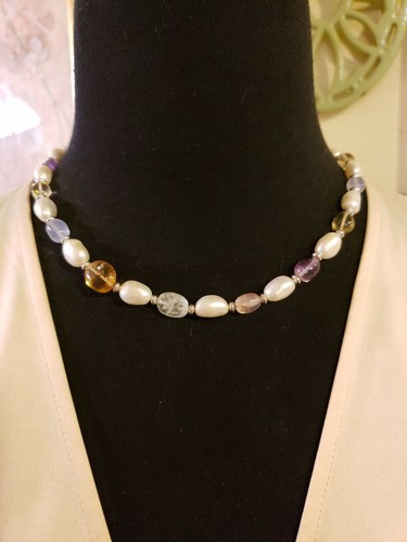 HONORA Sterling Silver PEARL & PASTEL GEMS 18" Necklace AMY, ROSE QTZ, BLUE CHAL - Picture 4 of 9