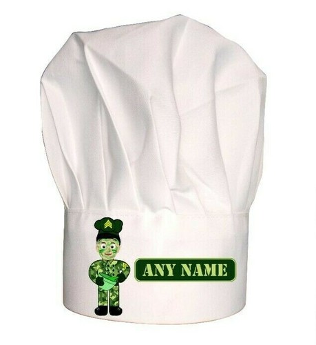 KIDS PERSONALISED Cartoon Army Boy Chef Print Kids Chefs Hat / Apron Set - Picture 4 of 6