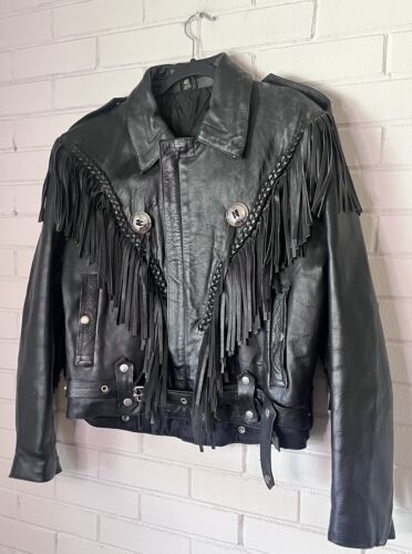 Vintage Harley Davidson Leather Motorcycle Biker Jacket Fringe Braided Pockets - Picture 1 of 14