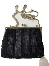 Le Regale Hand Made Beaded Evening Chain Purse Black Vintage Hong Kong