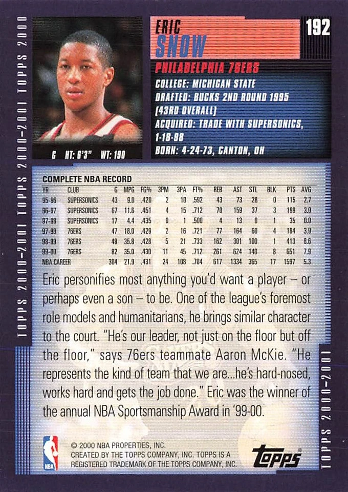 2000 Topps #192 Eric Snow Philadelphia 76ers - Image 2 of 2