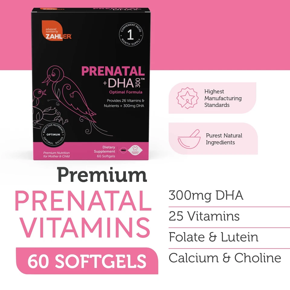 Vitaminas prenatales Zahler con DHA 60 unidades cápsulas blandas de metilfolato no transgénicas Foto 2 de 4