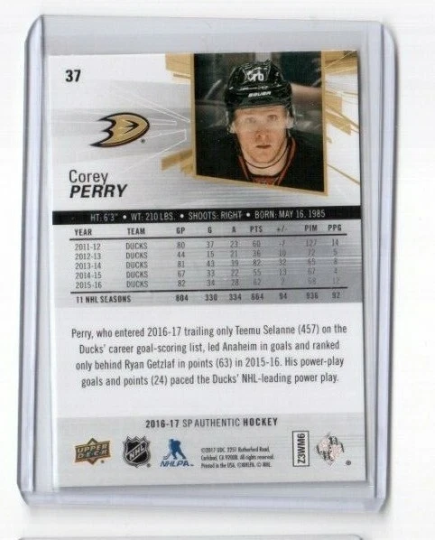 2016-17 SP Authentic Hockey Base Card # 37 Corey Perry Anaheim Ducks  - Image 2 of 2