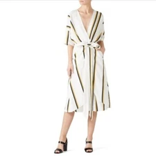 SANCIA MIDI DRESS FAUX WRAP WHITE STRIPE LINEN TIE FRONT SHORT SLEEVE YELLOW