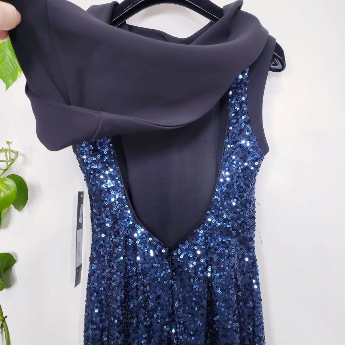 badgley mischka blue sequin dress Jewel Badgley Mischka Long Sleeved Sequined Dress Sash Blue Sparkle  Asymmetric