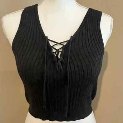 women FOREVER 21 gray CROPPED TANK sweater-like LACE*UP