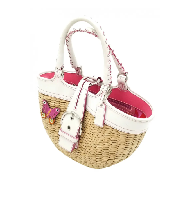 COACH かごバッグ ピンク レザー Butterfly Straw Bag Coach Straw Butterfly Embellished Straw Tote With White Leather