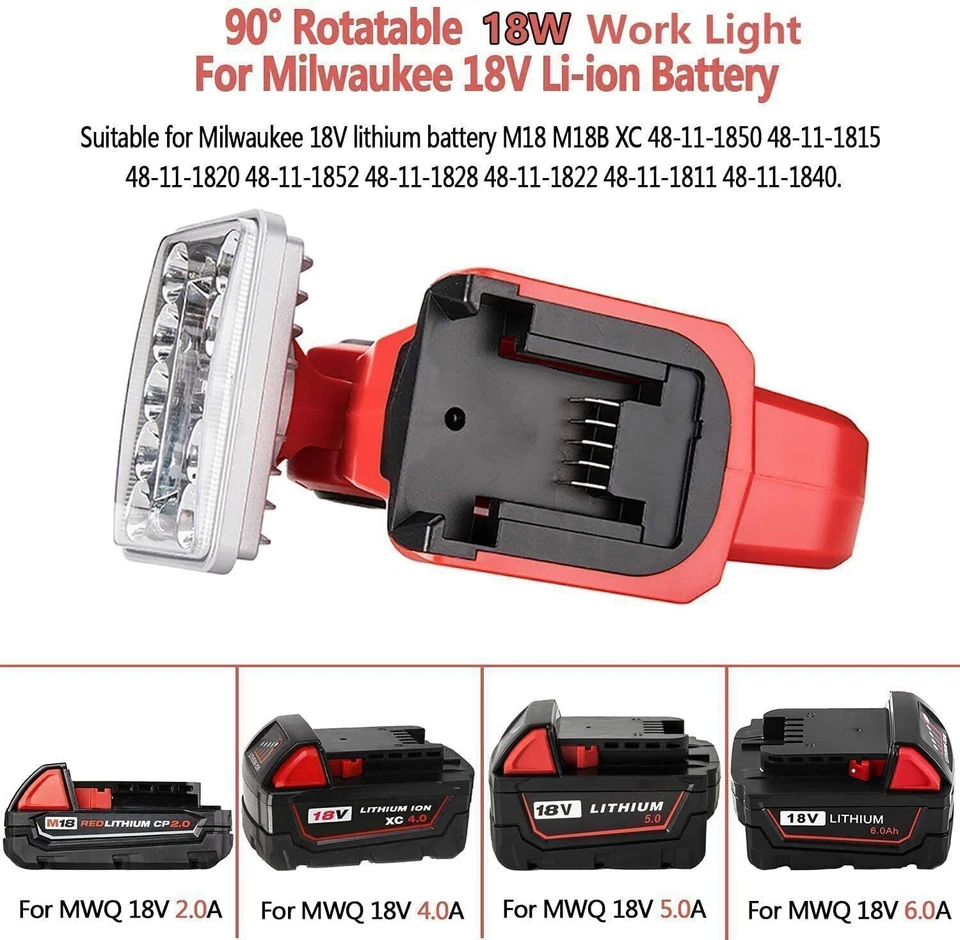 LED Flashlight Work Light for Milwaukee 18V Li-ion Battery 18W Emergency Light - Image 4 of 4