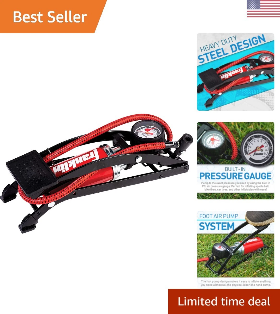 Foot Pump with Built in Gauge Inflates Sports Balls Bikes and