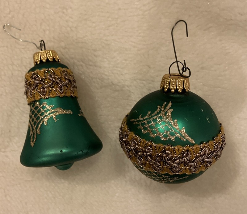 Santa’s World Vintage Glass Ornaments - 2 Green W/ Braid Trim