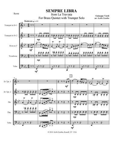 Sempra Libra by Verdi arr. K. Ziemba Trumpet Solo within Brass Quintet NEW - Picture 2 of 6