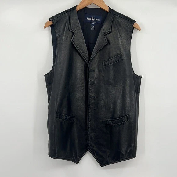Ralph Lauren Leather Vest Jacket Womens Size 10 Black Sleeveless Collared Biker - Image 2 of 4