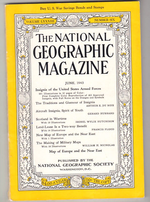 NATIONAL GEOGRAPHIC-JUNE 1943 INSIGNIA OF THE US ARMED FORCES-32 COLOR PAGES+MAP