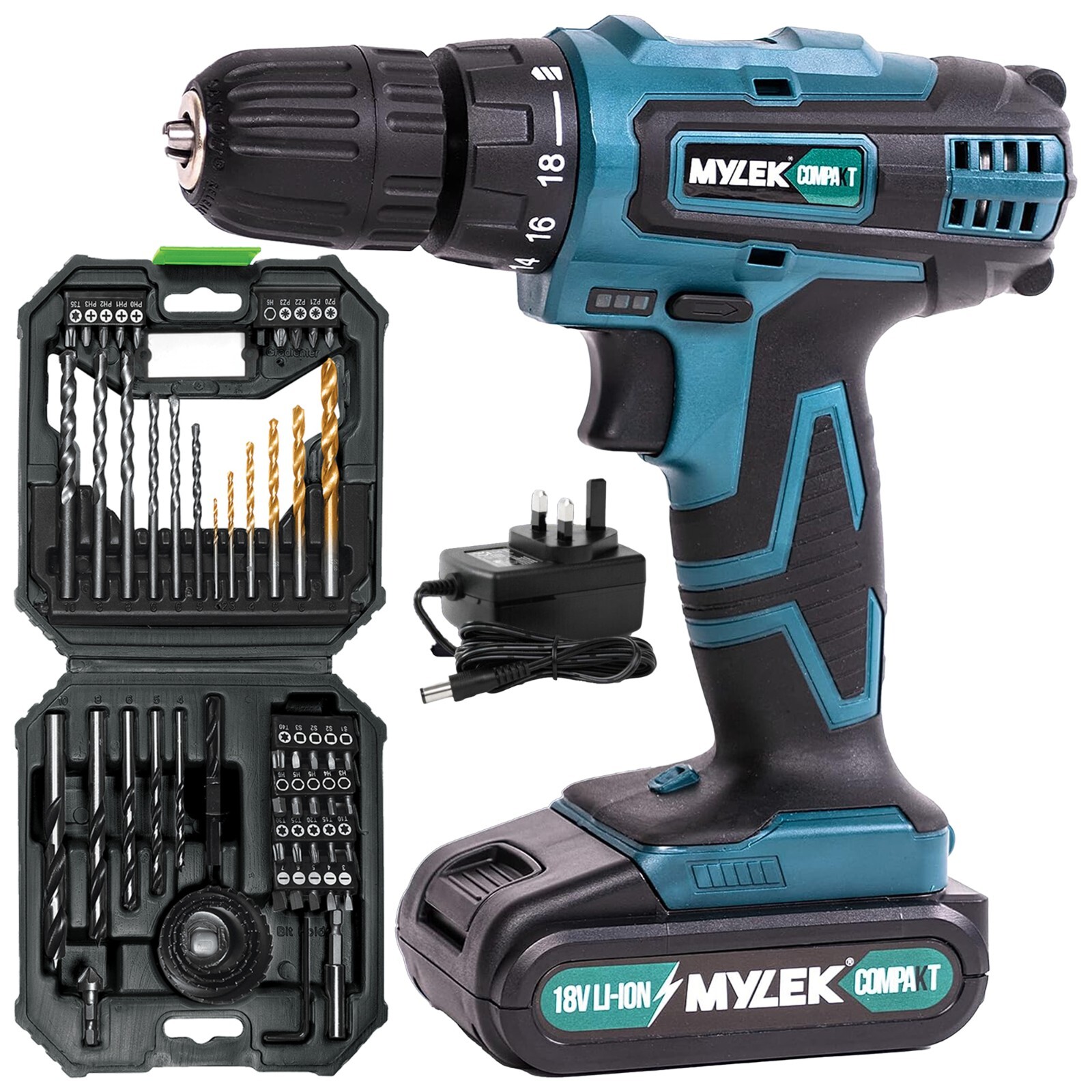 Mylek Cordless Drill Electric Screwdriver Combi 18V Power Tool & 56 Piece Kit