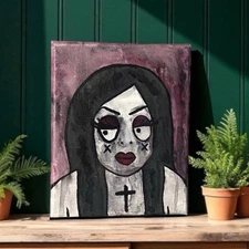 Original Painting Goth Girl Red Lipstick Dark Art Canvas Gothic Cross Woman