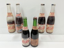 LOT OF 6: EARLY PEPSI:COLA DD GREEN & CLEAR GLASS PAPER LABEL FULL SODA BOTTLES