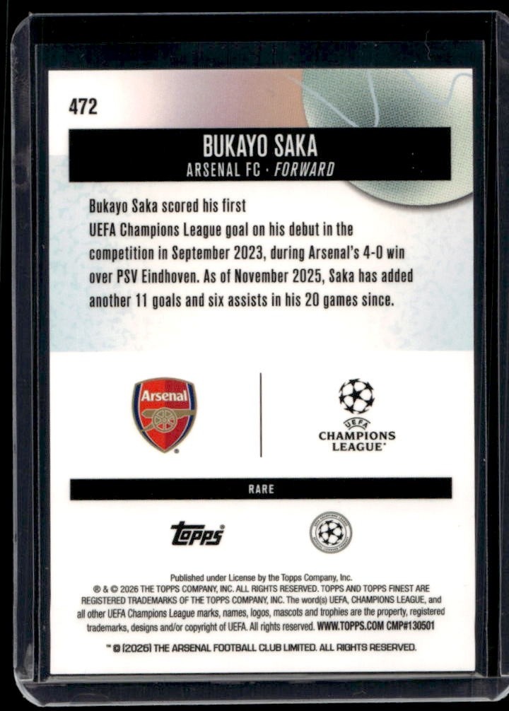 2025-26 Topps Finest UEFA Club Competition Bukayo Saka Rare Blue Refractor #/99 view 2