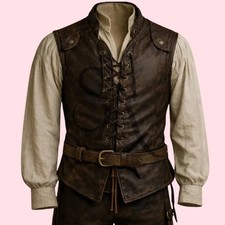 Men's Brown Leather Vest Medieval Renaissance Steampunk Biker Lace Up Waistcoat