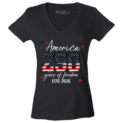 America 250 Years of Freedom 1776-2026 Women's V-Neck Shirt American Flag Tee