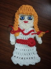 Handmade Crocheted Applique Blonde Hair Blue Eyes White Dress Red Tie