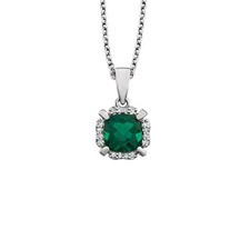 Cushion Created Emerald  Diamond Necklace in 14k White Gold, 18 Inch